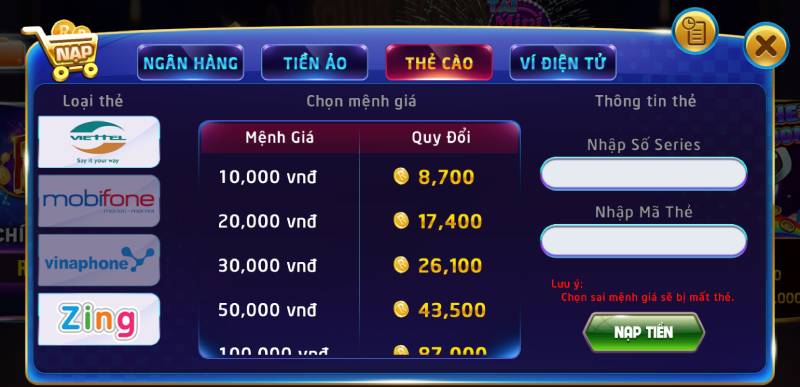 Nạp Tiền Qua Thẻ Cào
